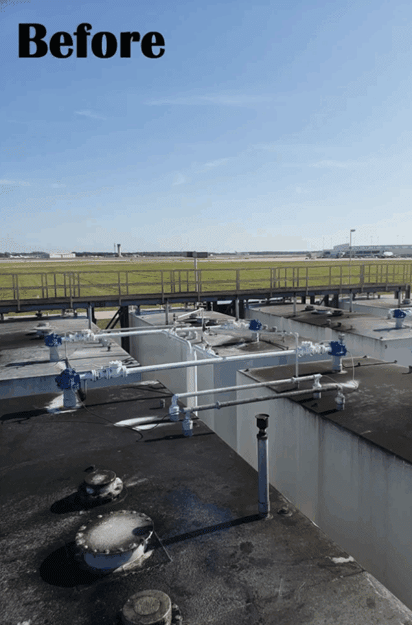 Before: rooftop HVAC equipment and piping