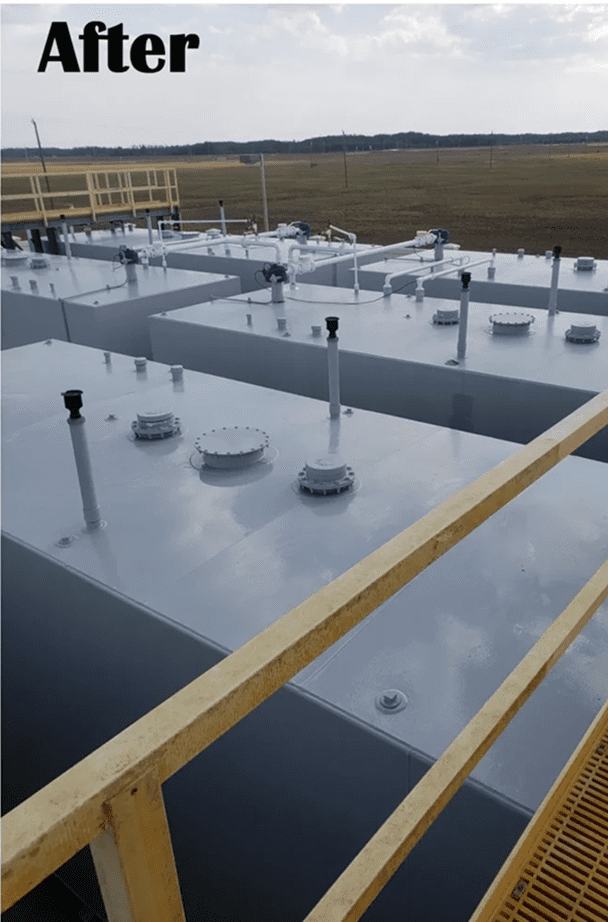 Clean painted metal storage tanks on platform