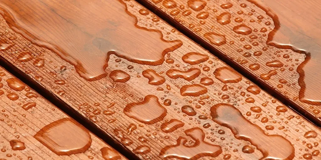 Water droplets on wooden deck planks