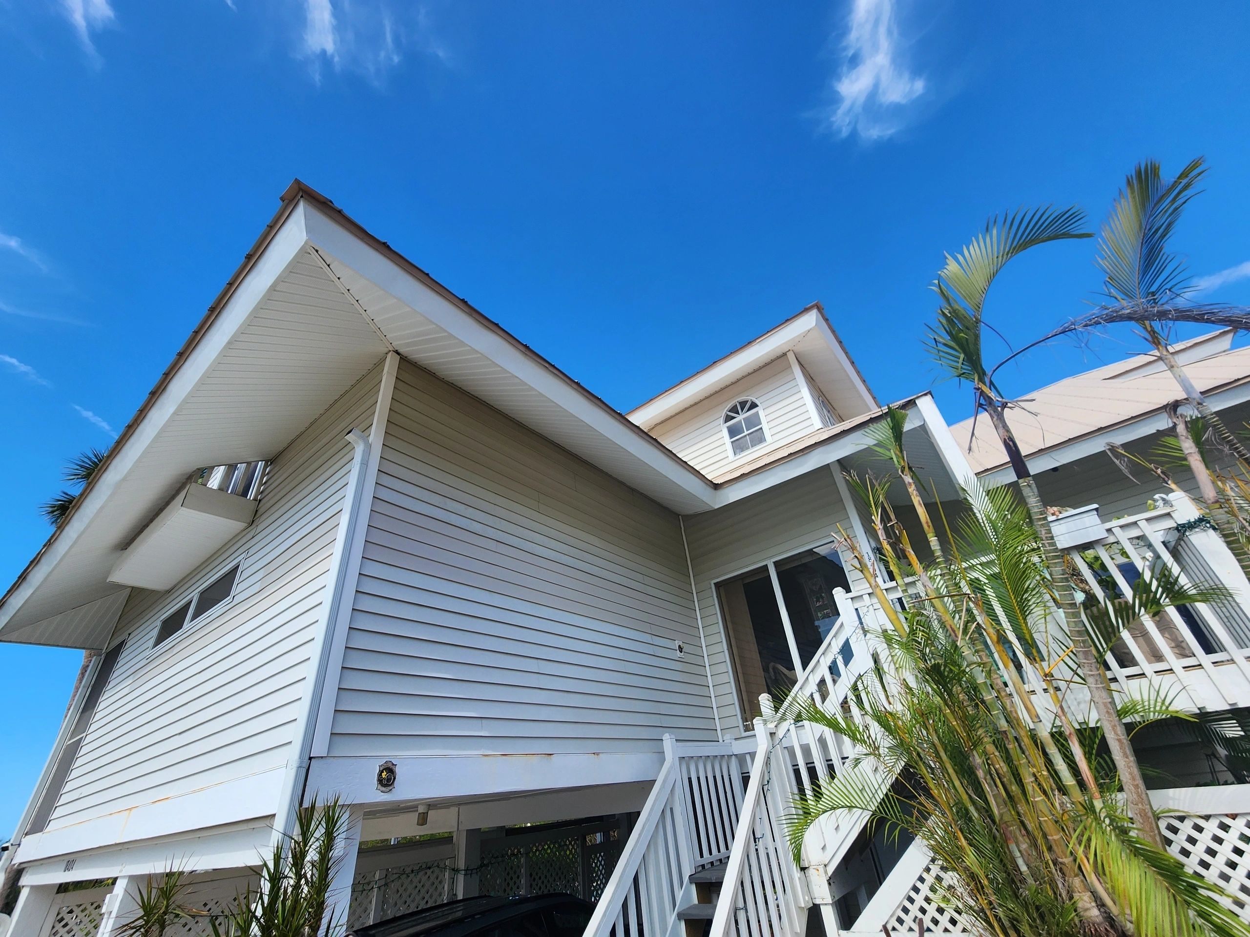 Elevated white house with stairs and palm trees