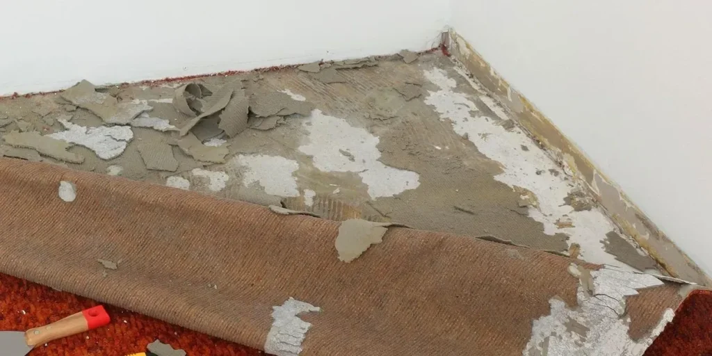 Carpet pulled back revealing damaged subfloor