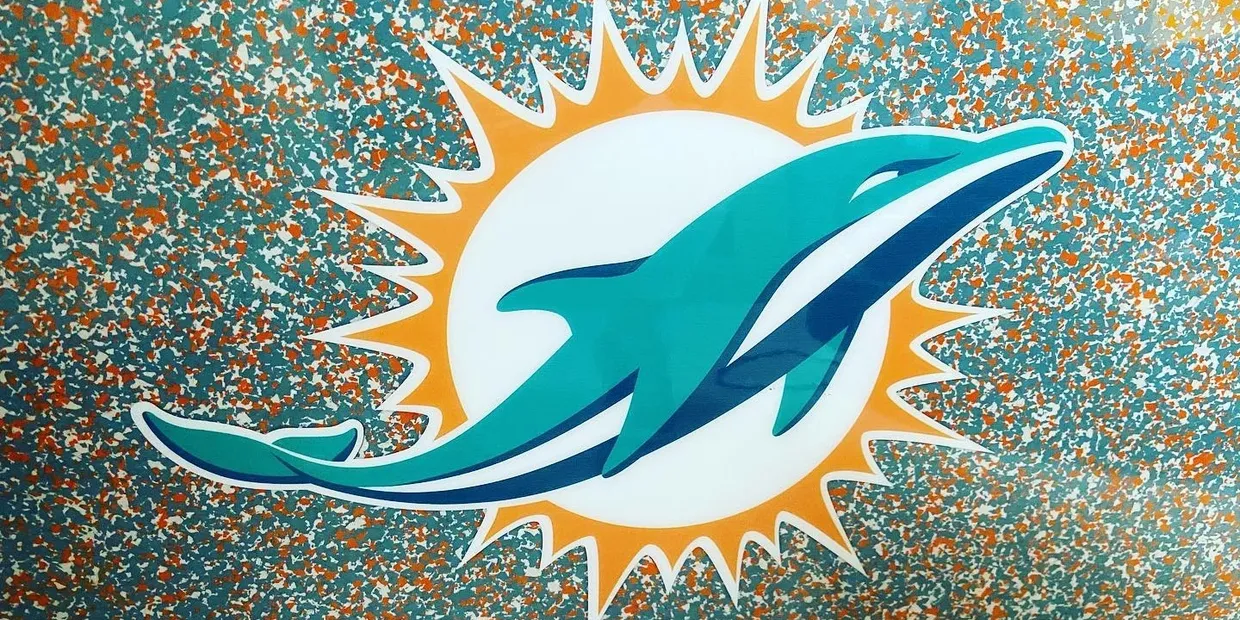 Stylized dolphin logo with sunburst background