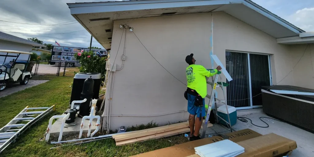 Exterior painter taping suburban house wall