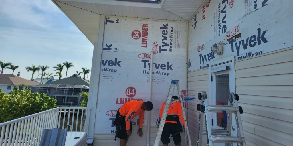 Workers installing Tyvek house wrap on balcony