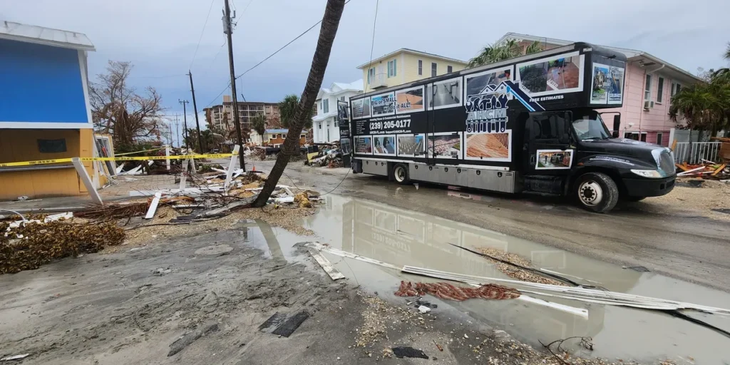 Flooded street with debris and large truck