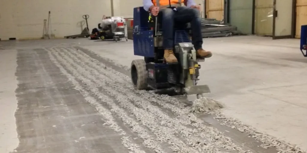Worker operating floor grinder removing concrete surface