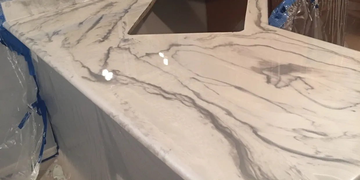White marble countertop with sink cutout