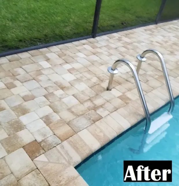 Pool deck pavers with metal ladder
