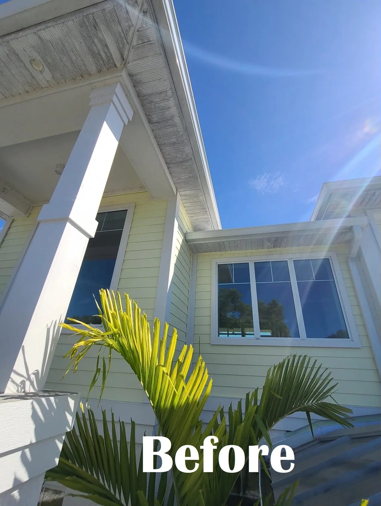 Sunlit yellow house exterior with palms
