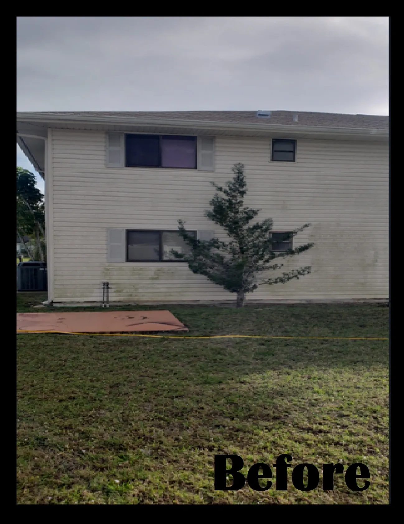 Before: tree by beige two-story house