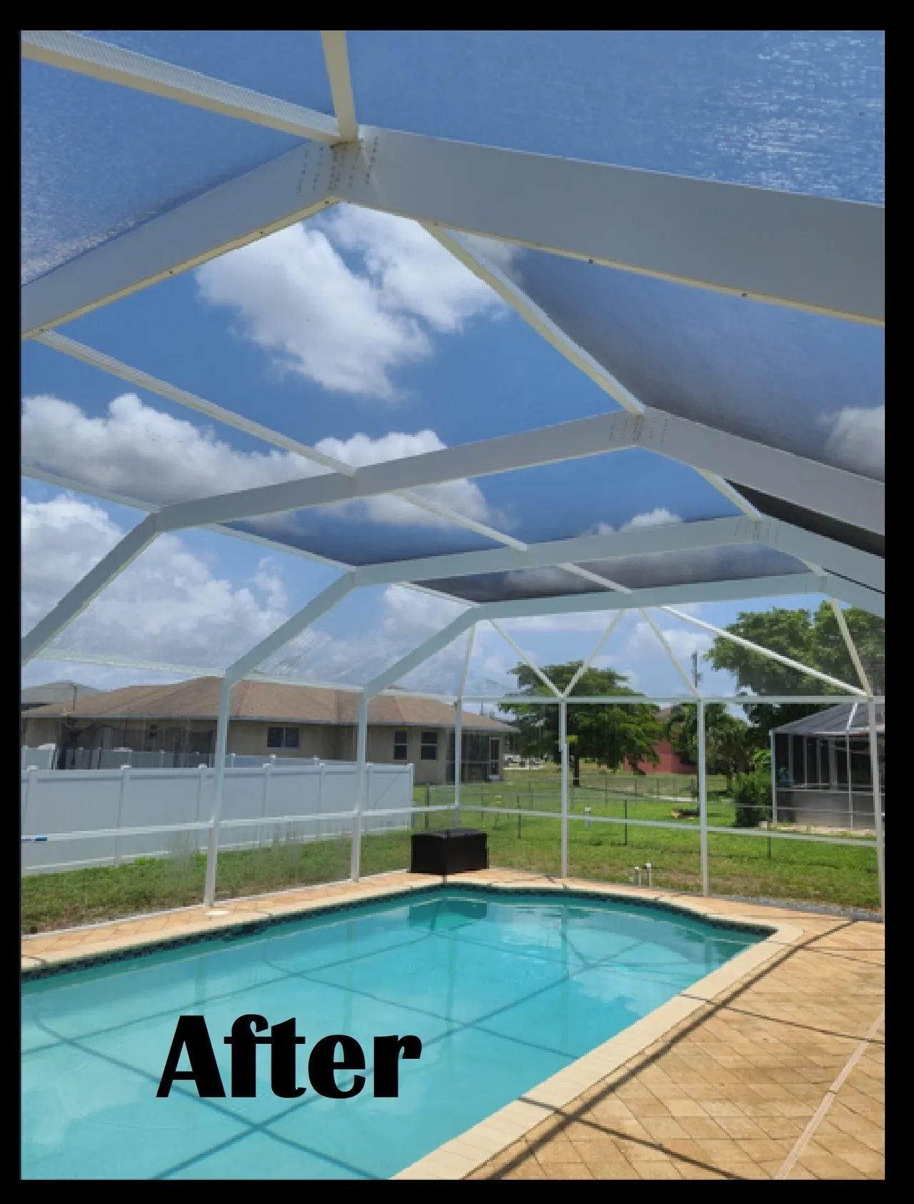 Backyard pool with new white screened enclosure