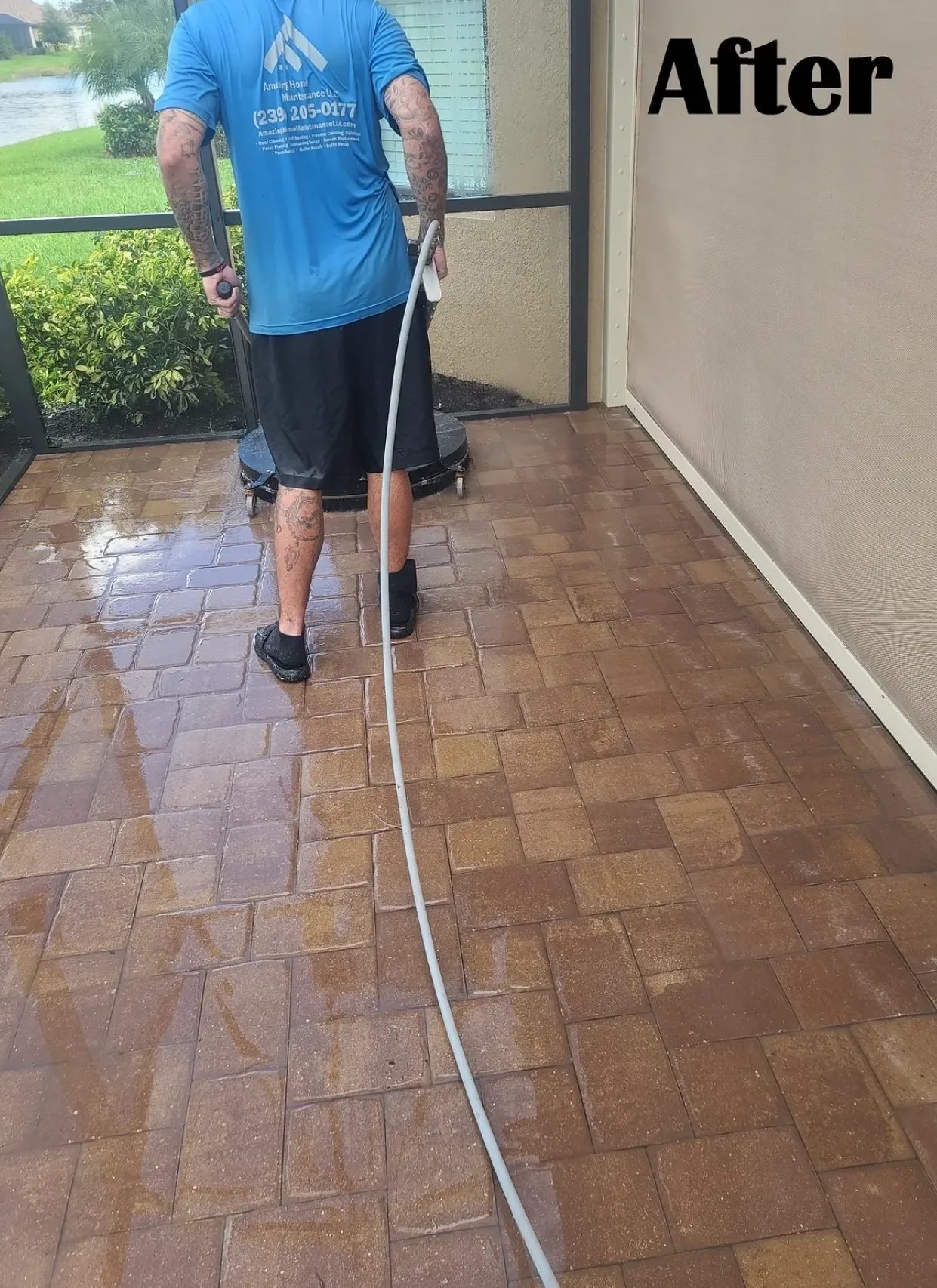Pressure washing tiled patio after cleaning