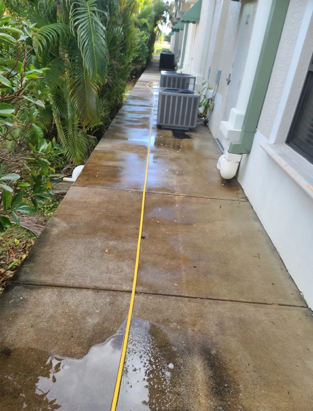 Wet sidewalk beside building with yellow cord