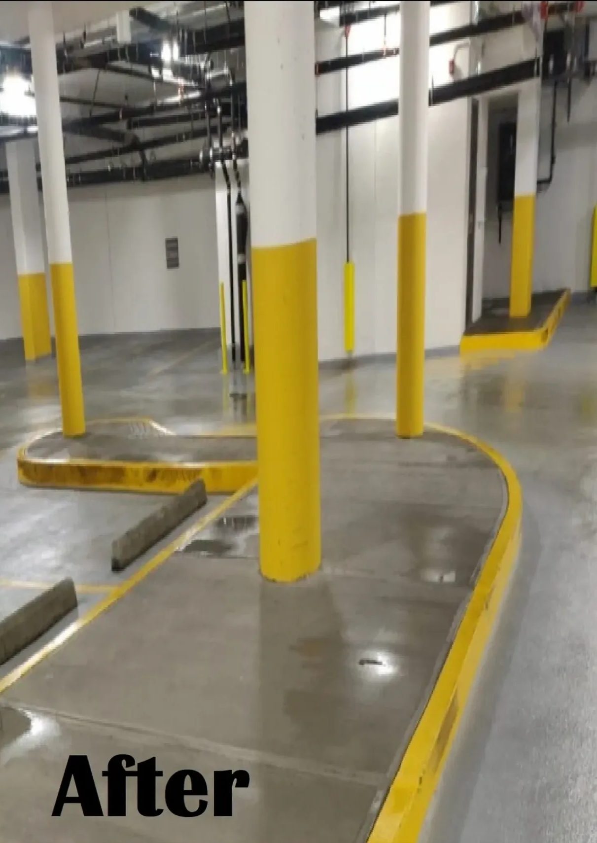 Underground parking garage with yellow columns