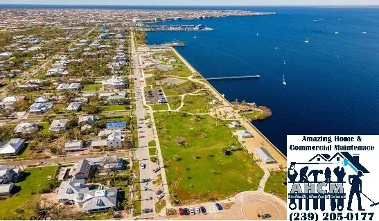 Aerial view of waterfront park and neighborhood