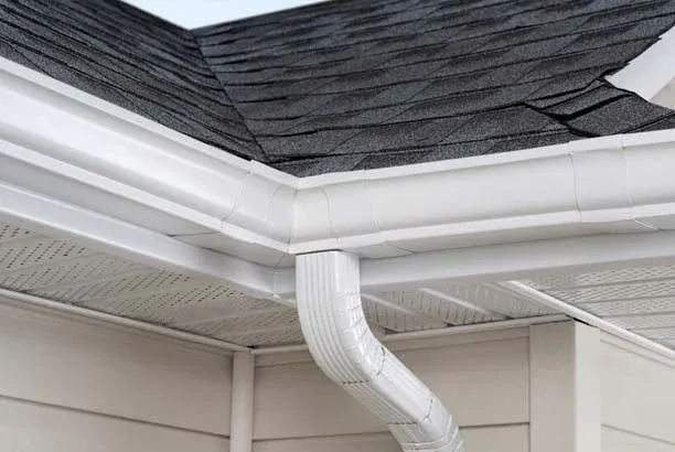 Corner roof with white gutter and downspout