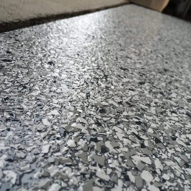 Close-up of speckled gray epoxy floor