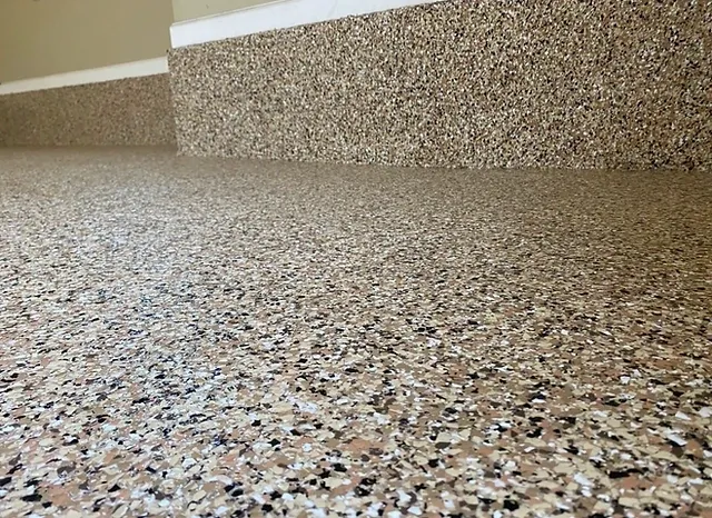 Speckled epoxy garage floor and step