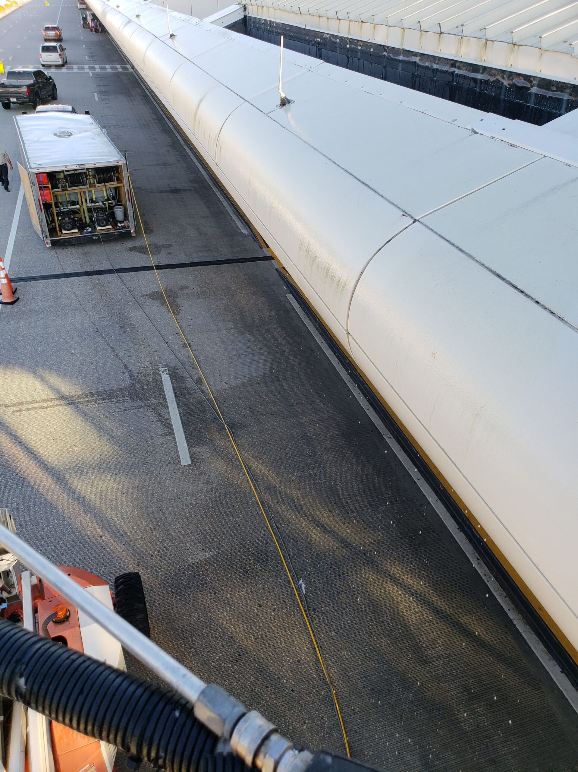 Aerial view of airport jet bridge and equipment