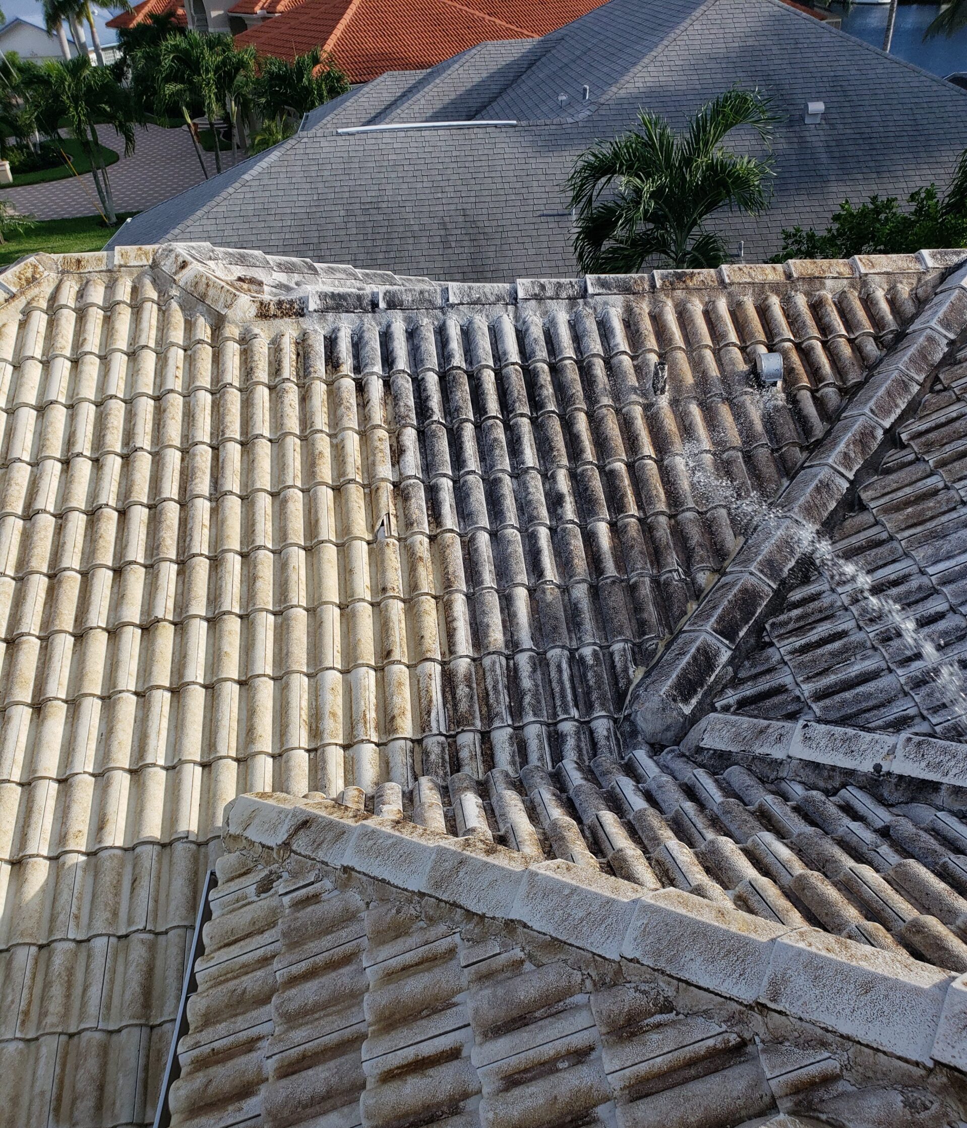Partially cleaned tiled roof with stains