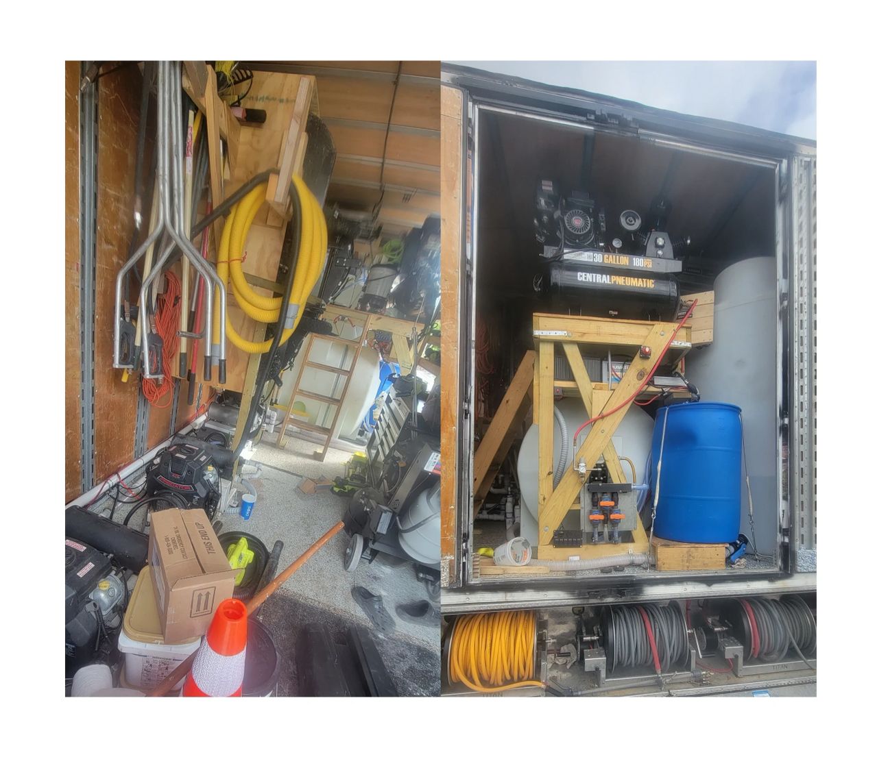 Utility truck interior with tools, hoses, compressor