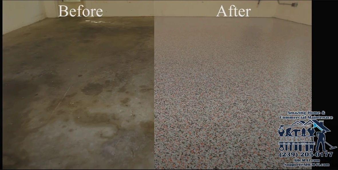Before and after garage floor epoxy transformation