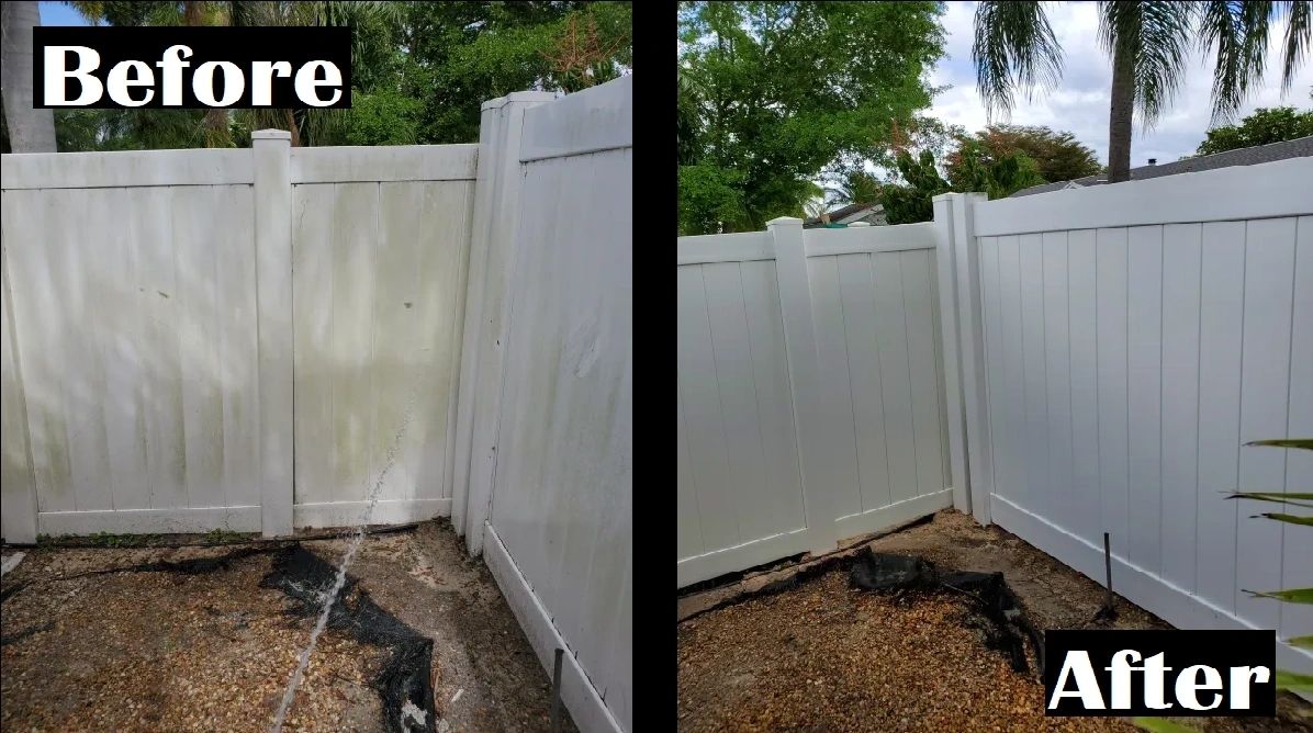 Before and after cleaned white vinyl fence