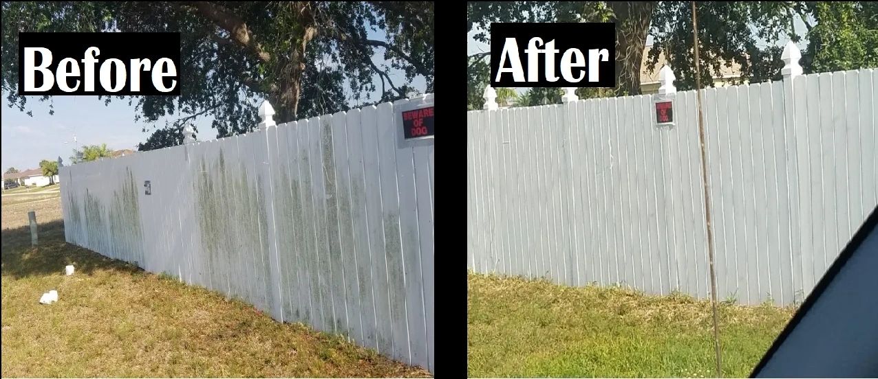 Before and after pressure-washed white fence