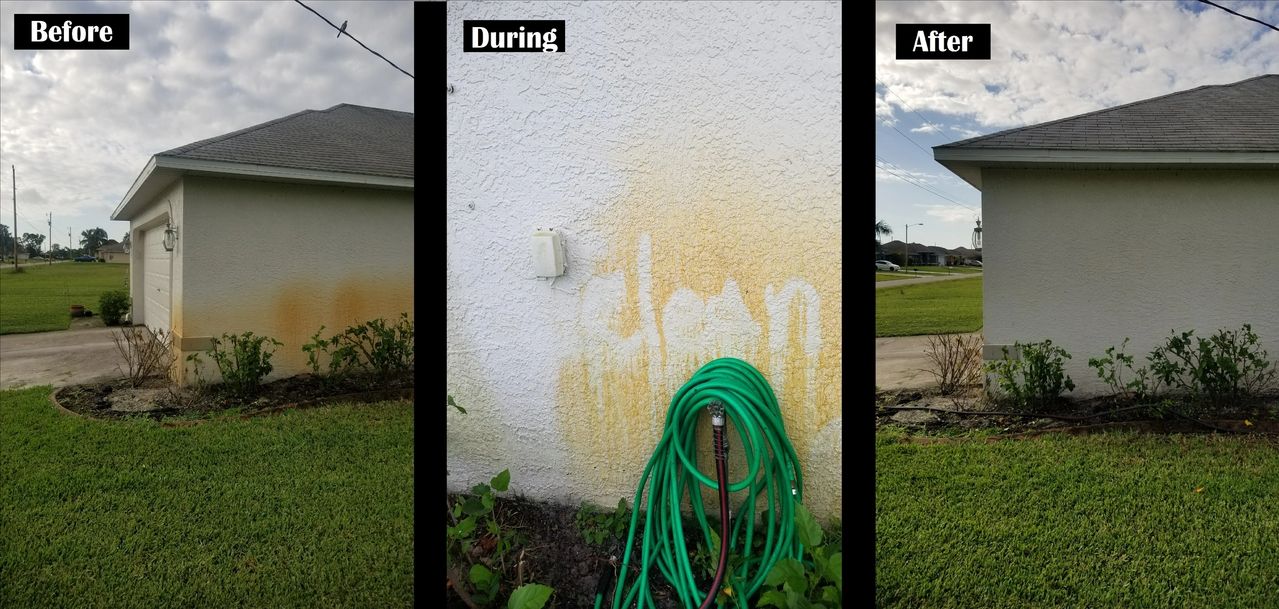 Before, during, after: cleaning orange exterior wall stain