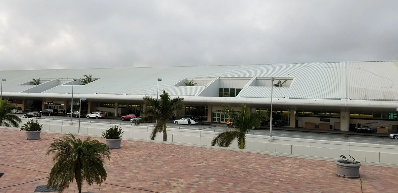 Airport terminal curbside with parked cars and palms