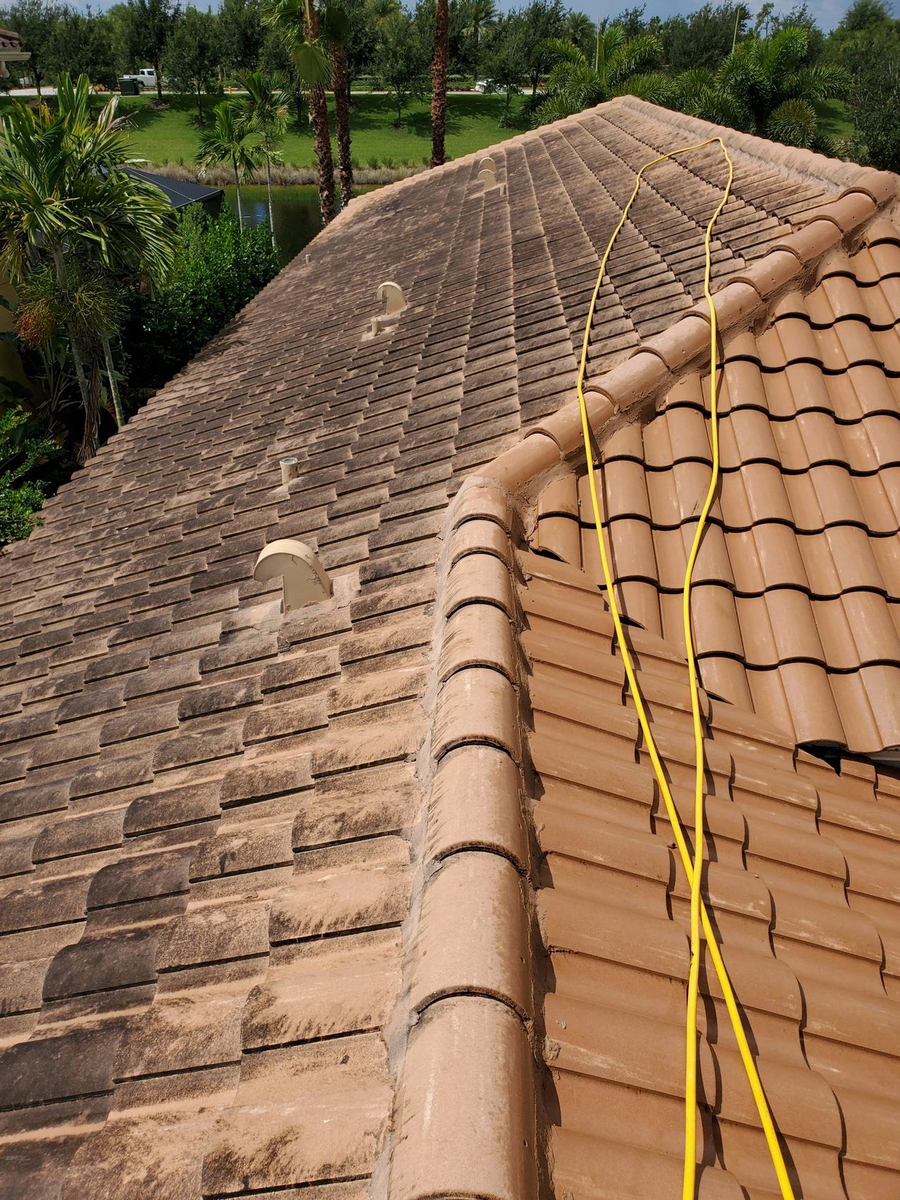 Clay tile roof with yellow hoses along ridge