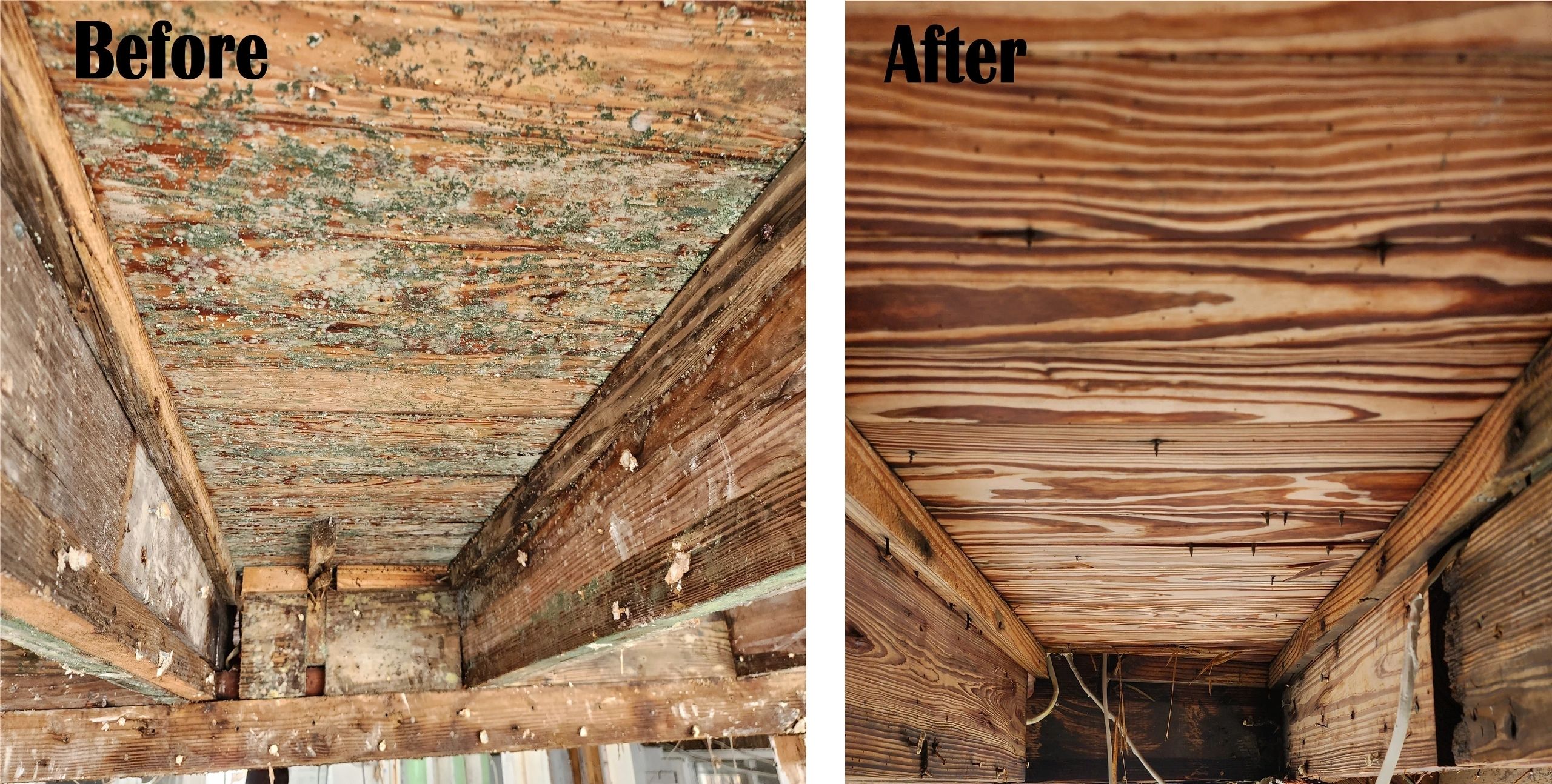 Before and after photo of mold-covered wood ceiling beams restored to bare clean wood