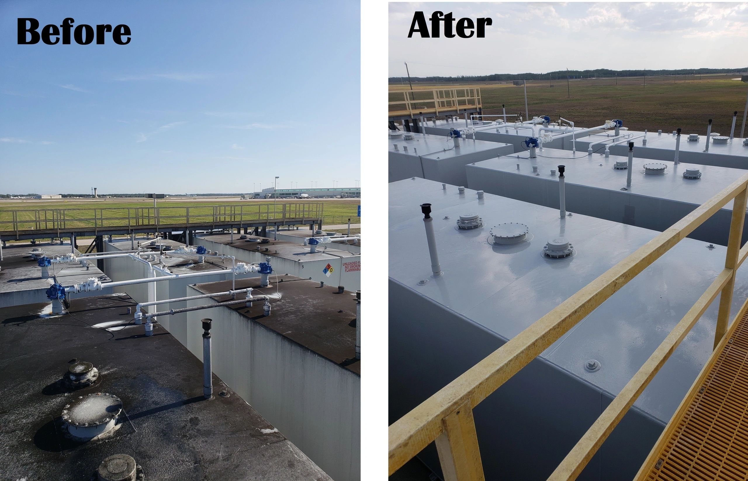 Before and after photo of industrial fuel storage tanks cleaned and repainted at an airport fuel farm
