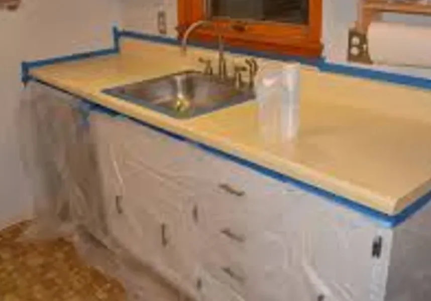 Kitchen countertop and sink with painter's tape