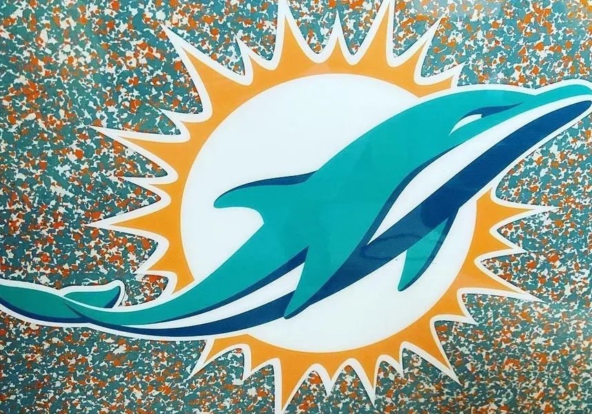 custom Miami Dolphins logo insert on our epoxy flake garage floor coating