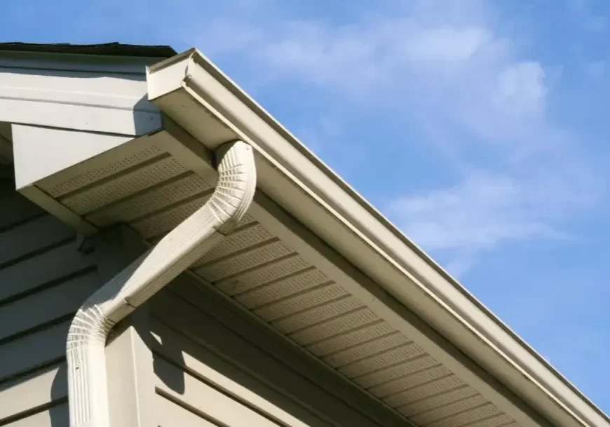 House roof edge with gutter and downspout
