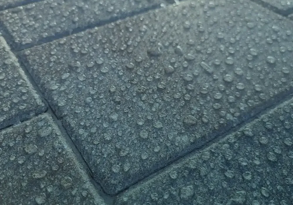 Water droplets on gray stone pavers