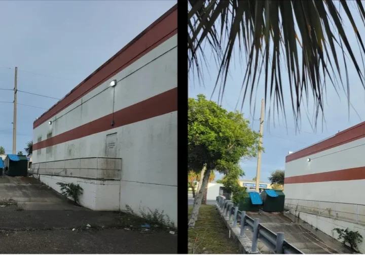 Before and after alley cleanup beside commercial building