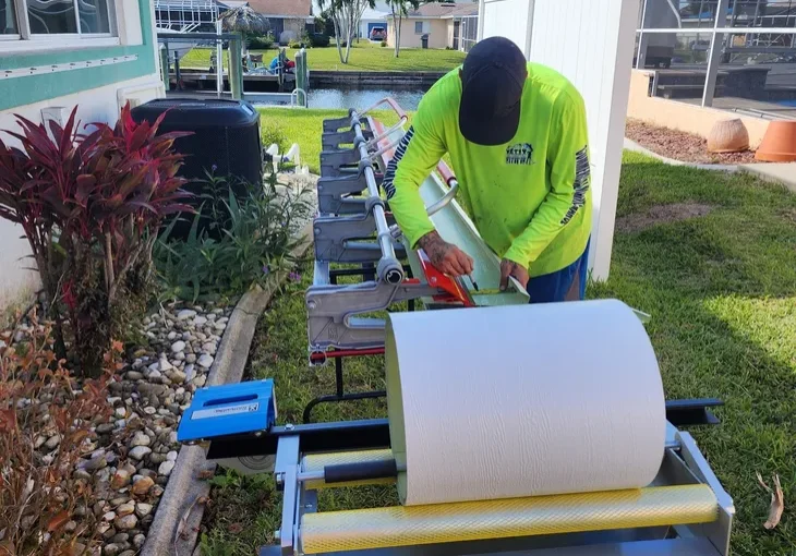 Worker cutting white film roll outdoors